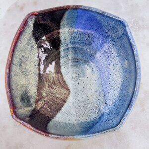 Abstract Bowl Artisan Signed Studio Pottery Wheel Thrown Multicolor Drip Glaze D